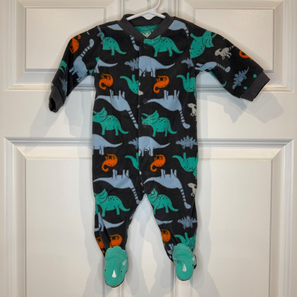 Child Of Mine Dinosaur Fleece Footed Pajamas Size 0-3 Months Gray Green Orange